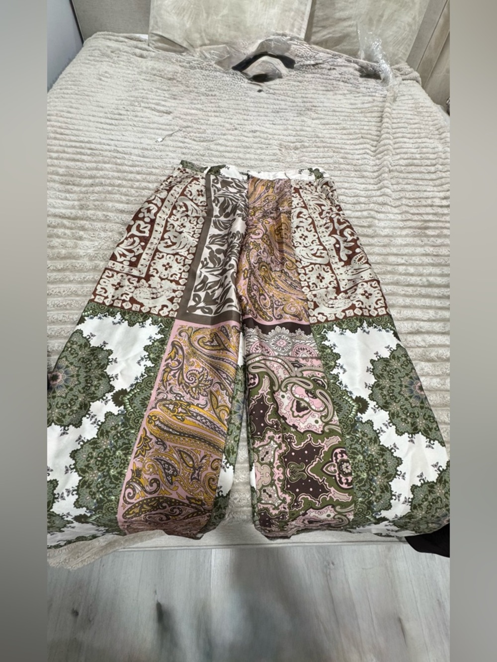 Zara Cream and Olive Paisley Print Trousers